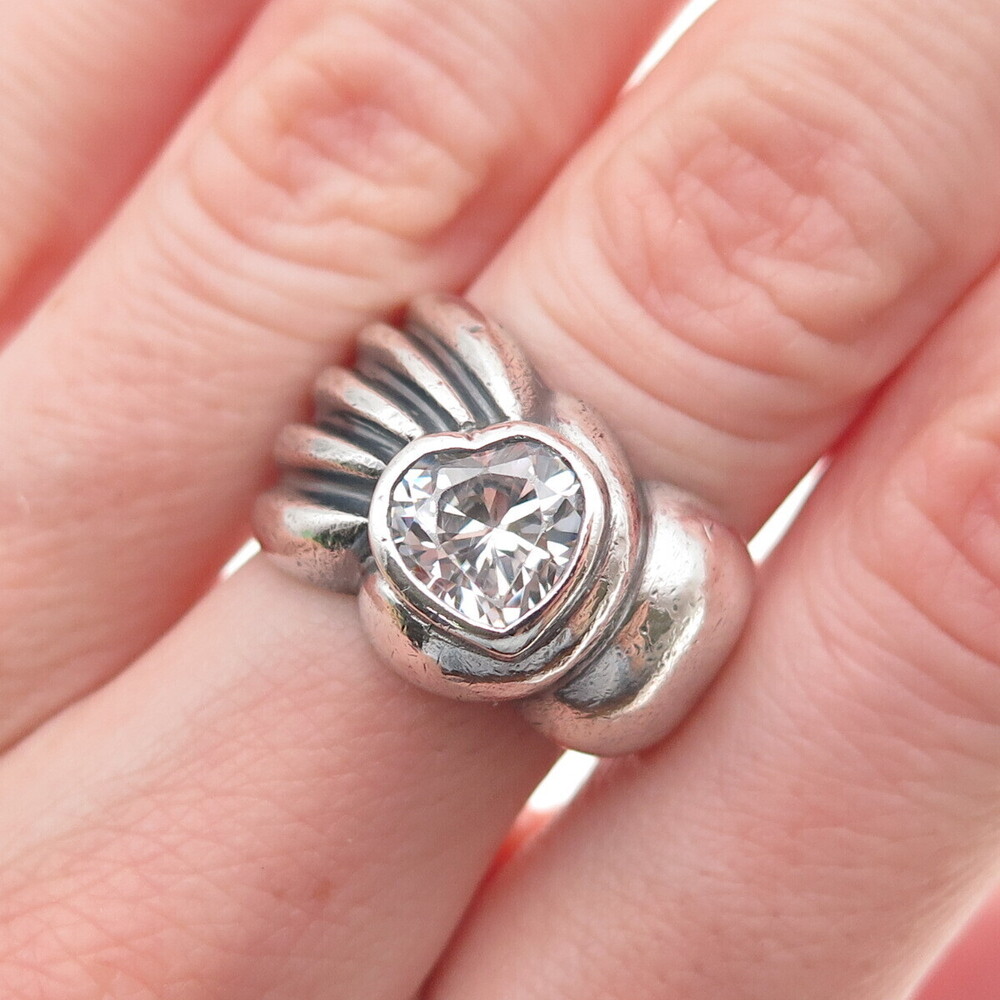 925 Sterling Silver Vintage Heart-Cut C Z Modernist Oxidized Ring Size 7.25